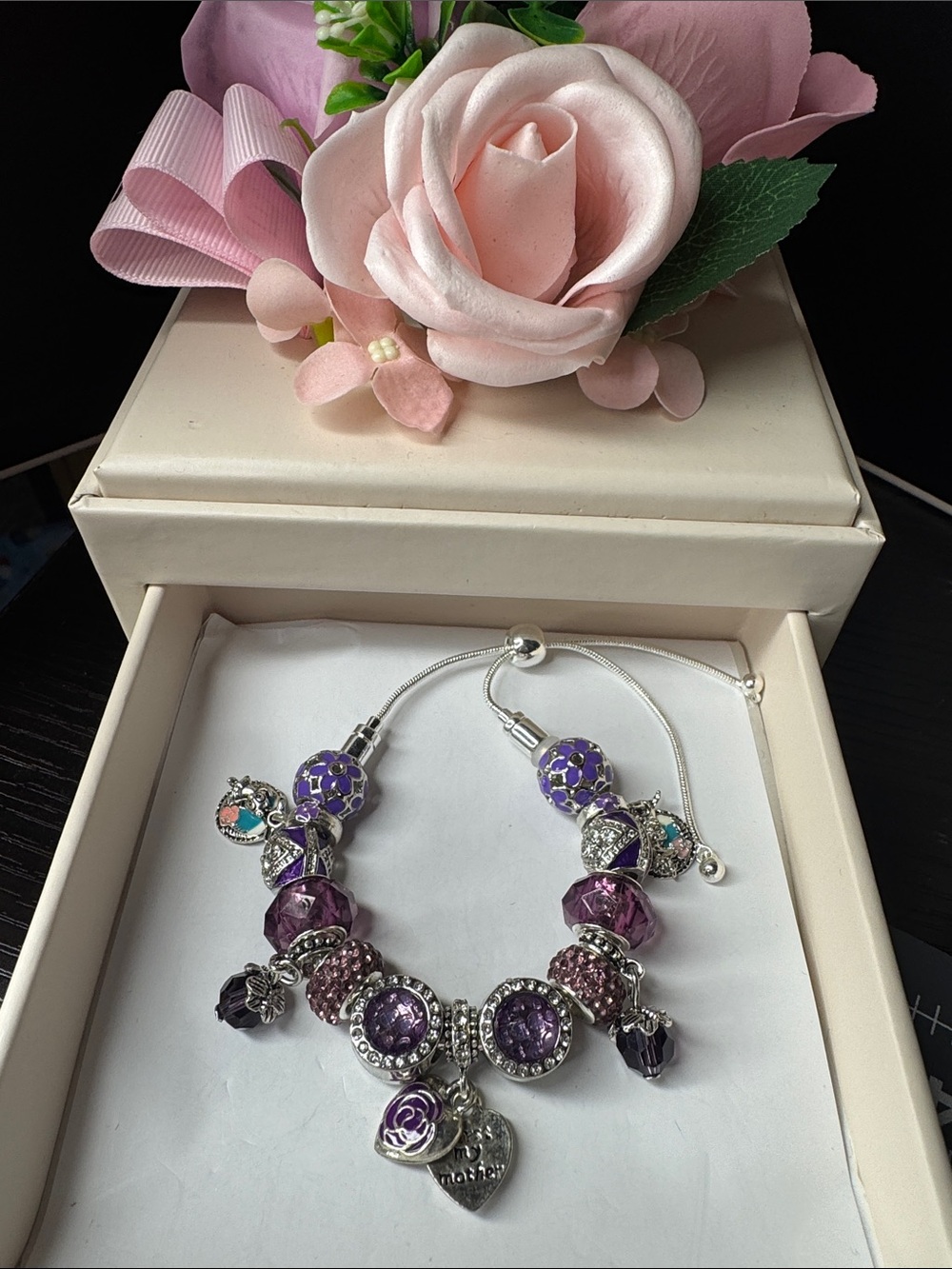 Sterling-Style Purple Charm Bracelet with Floral Accents